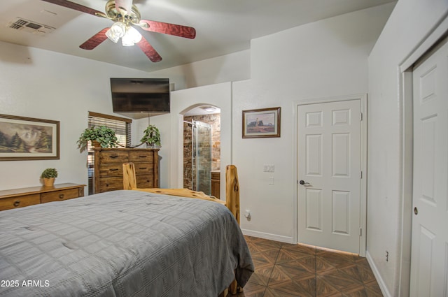 bedroom featuring dark parquet floors and ceiling fan