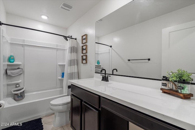 full bathroom with tile patterned flooring, vanity, toilet, and shower / bath combination with curtain