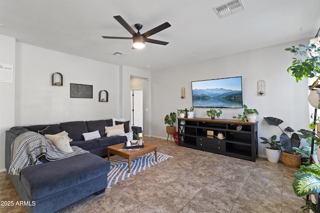 living room with ceiling fan