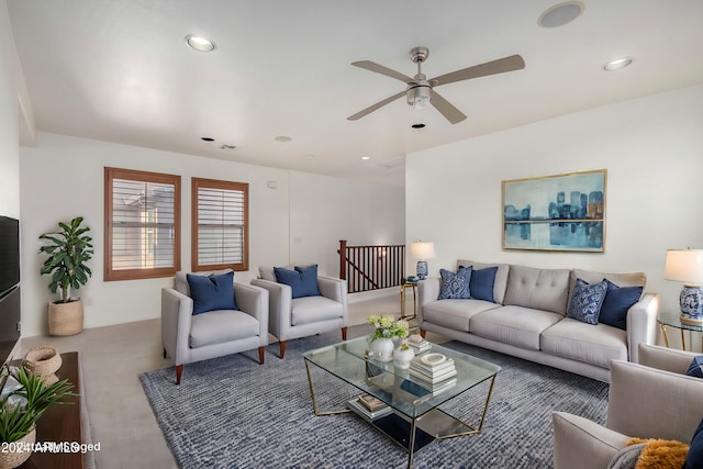 living room with ceiling fan