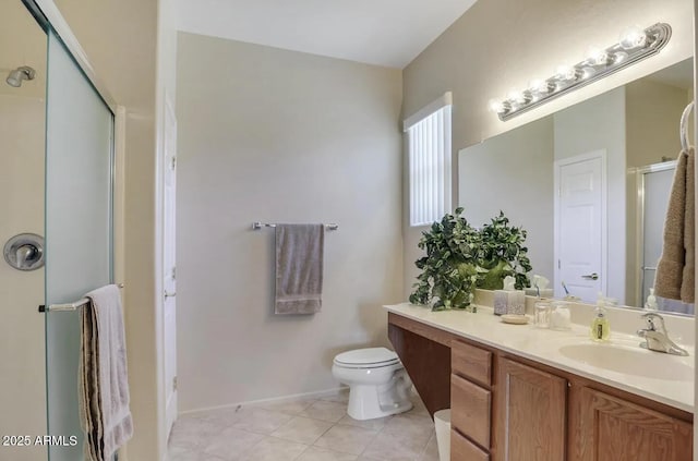 bathroom with vanity, toilet, tile patterned floors, baseboards, and a stall shower