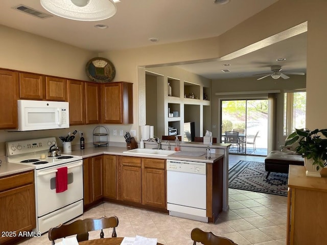 kitchen with visible vents, a peninsula, white appliances, open floor plan, and a sink
