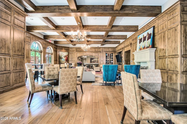 dining room featuring an inviting chandelier, coffered ceiling, wooden walls, light hardwood / wood-style floors, and beam ceiling