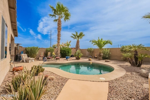 view of swimming pool featuring a fenced in pool, a patio area, and a fenced backyard