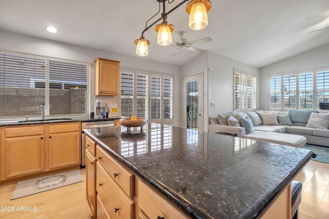 kitchen with a ceiling fan, lofted ceiling, a sink, and stainless steel dishwasher