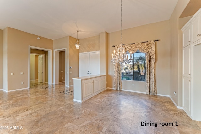 unfurnished dining area with an inviting chandelier