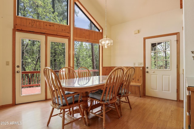 9434 W Obier Dr, Pine, AZ 85544 - dining area featuring light wood-type flooring, plenty of natural light, a chandelier, a wainscoted wall, and wood walls