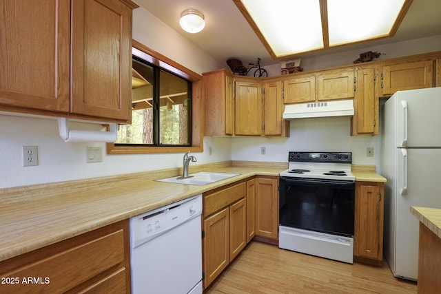9434 W Obier Dr, Pine, AZ 85544 - kitchen with white appliances, under cabinet range hood, a sink, and light countertops