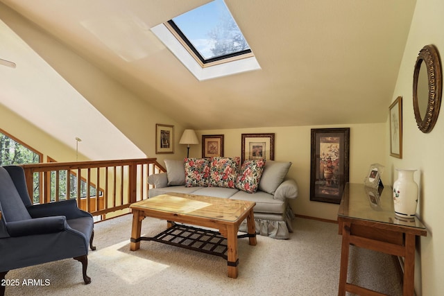 9434 W Obier Dr, Pine, AZ 85544 - carpeted living room featuring a skylight, lofted ceiling, and baseboards