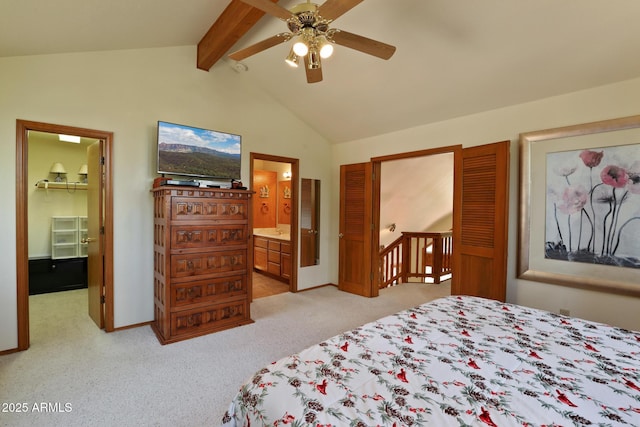 9434 W Obier Dr, Pine, AZ 85544 - bedroom featuring light colored carpet, ensuite bath, a ceiling fan, baseboards, and a walk in closet