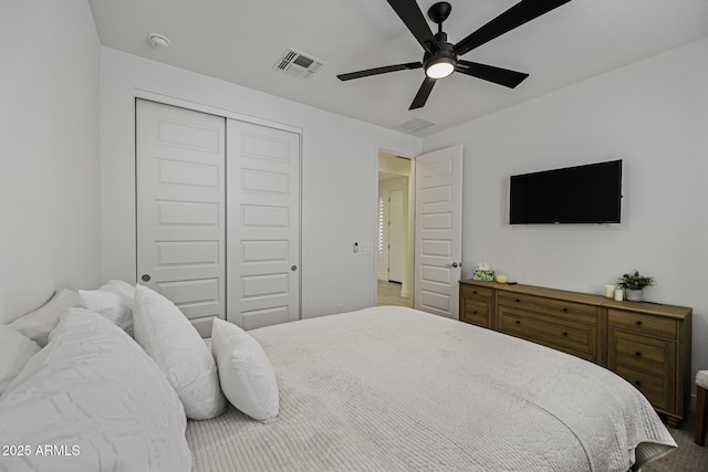 bedroom with a closet, visible vents, and a ceiling fan