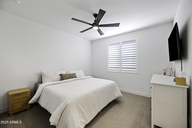 bedroom with carpet, ceiling fan, and baseboards