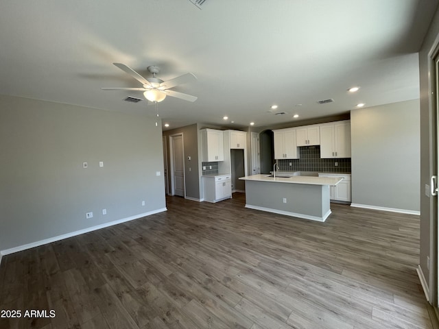 24146 N 162nd Ln, Surprise, AZ 85387 - kitchen with a sink, open floor plan, a kitchen island with sink, ceiling fan, and white cabinets