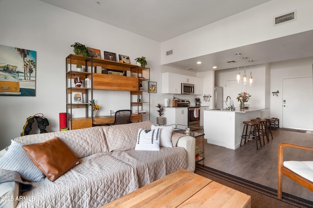 living room with dark hardwood / wood-style floors and sink