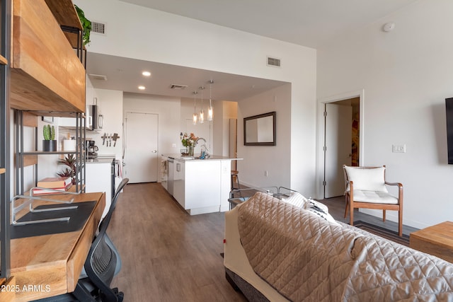 living room featuring dark hardwood / wood-style floors and sink