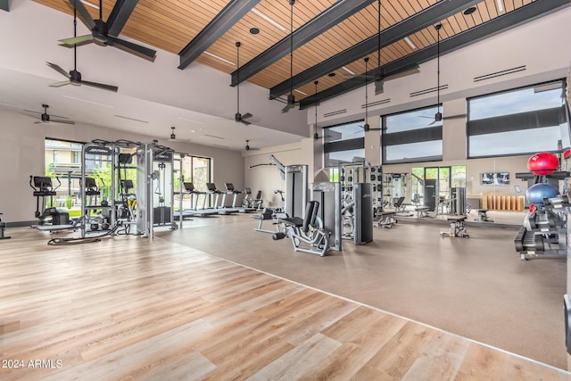 workout area featuring radiator heating unit, light hardwood / wood-style flooring, wooden ceiling, and plenty of natural light