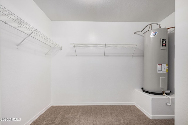 spacious closet featuring electric water heater and carpet flooring