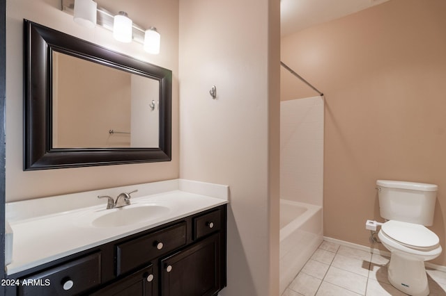 full bathroom with vanity, toilet, bathtub / shower combination, and tile patterned flooring