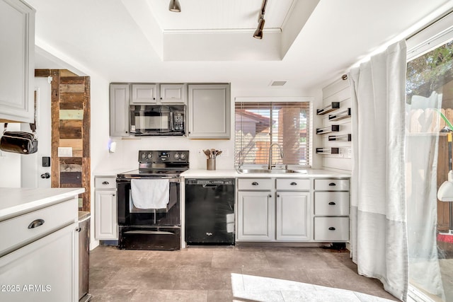 14801 N 25th Dr Unit 2, Phoenix, AZ 85023 - kitchen featuring black appliances, a sink, a tray ceiling, gray cabinetry, and light countertops
