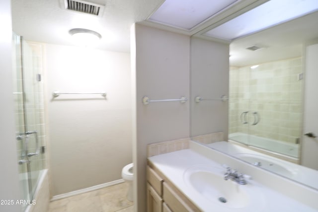 full bath with toilet, vanity, baseboards, visible vents, and tile patterned floors