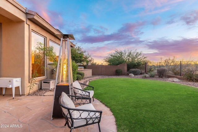 yard at dusk featuring a patio