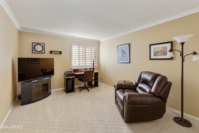 office with light carpet and ornamental molding