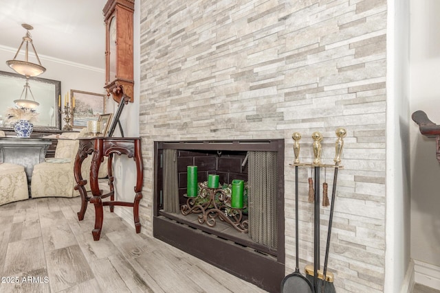 room details with ornamental molding, a fireplace, and wood-type flooring