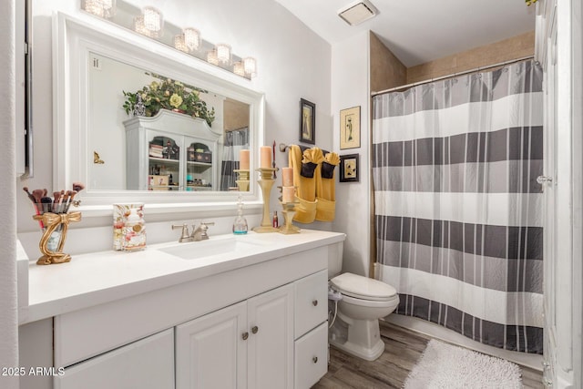 bathroom featuring vanity, wood-type flooring, and toilet