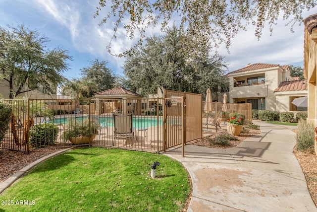 exterior space with a gazebo and a yard