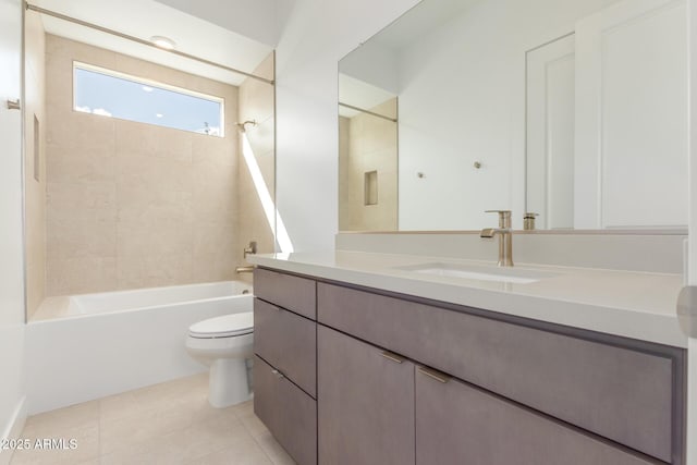 full bathroom featuring  shower combination, tile patterned flooring, vanity, and toilet