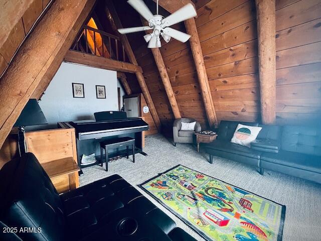 interior space featuring carpet flooring, vaulted ceiling with beams, ceiling fan, and wood ceiling