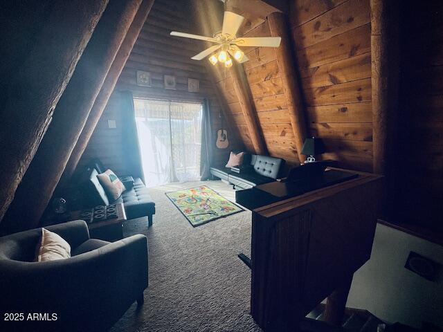 living room featuring carpet, wooden ceiling, ceiling fan, and lofted ceiling