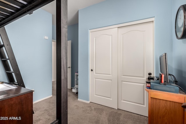 interior space with carpet floors, baseboards, and a closet