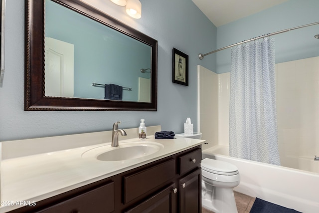 full bath featuring vanity, shower / bath combo, and toilet