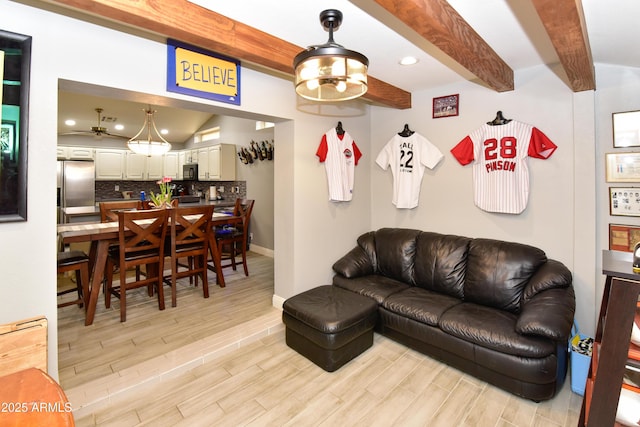7916 E Naranja Ave, Mesa, AZ 85209 - living area with beam ceiling, light wood-type flooring, a ceiling fan, baseboards, and recessed lighting