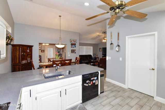 7916 E Naranja Ave, Mesa, AZ 85209 - kitchen featuring dishwasher, a sink, a ceiling fan, white cabinets, and a peninsula
