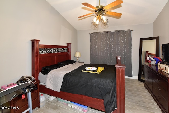 7916 E Naranja Ave, Mesa, AZ 85209 - bedroom featuring light wood-style flooring, lofted ceiling, and ceiling fan
