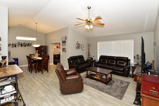 7916 E Naranja Ave, Mesa, AZ 85209 - living room with a ceiling fan, lofted ceiling, wood finished floors, and baseboards