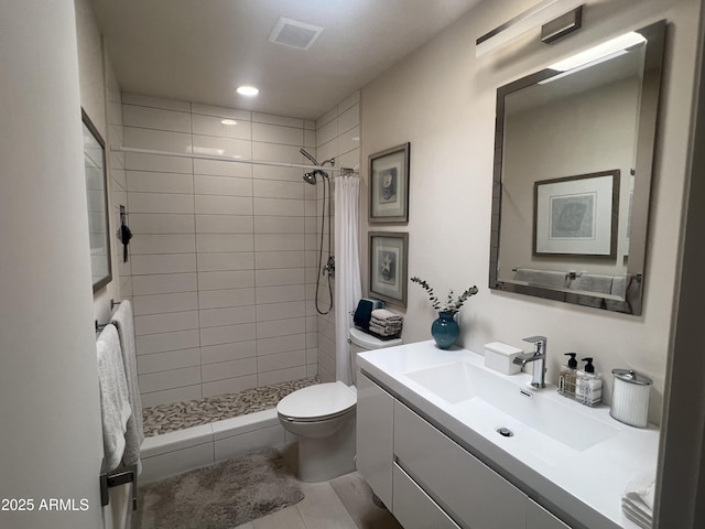 full bath featuring a stall shower, toilet, visible vents, recessed lighting, and vanity