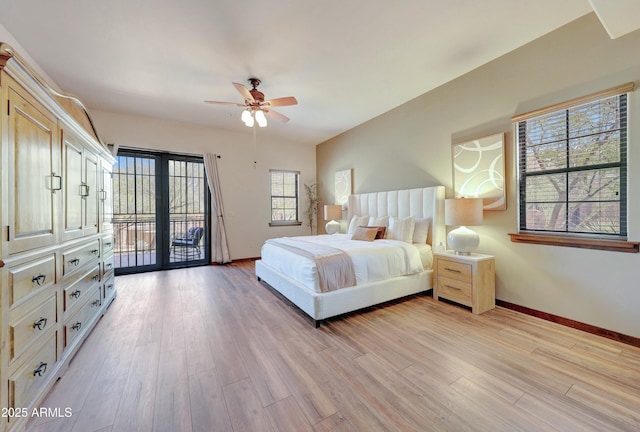 bedroom featuring access to exterior, light wood finished floors, baseboards, and ceiling fan