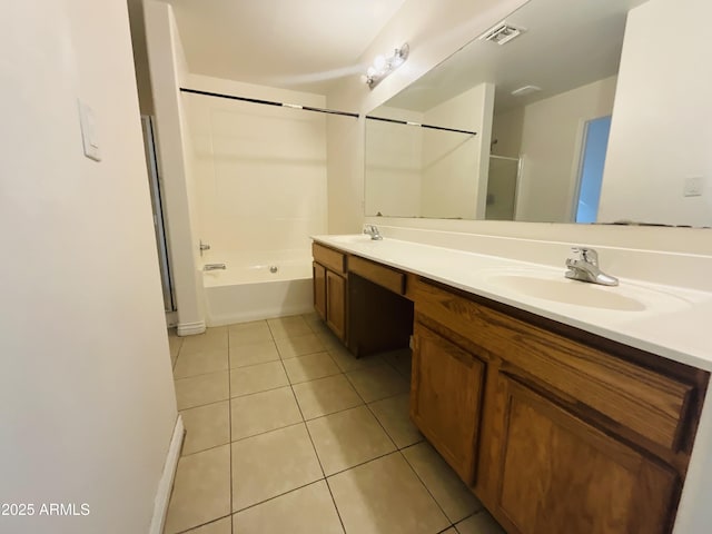 full bath with double vanity, visible vents, walk in shower, a sink, and tile patterned floors