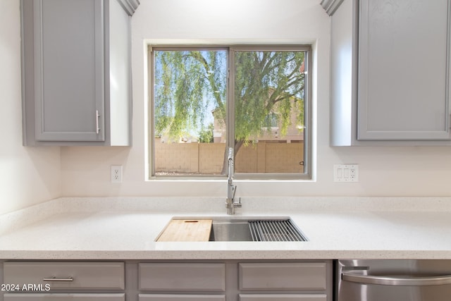 kitchen featuring dishwasher and gray cabinetry