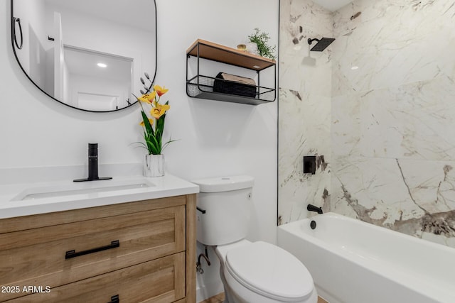 full bath with shower / bathtub combination, vanity, and toilet