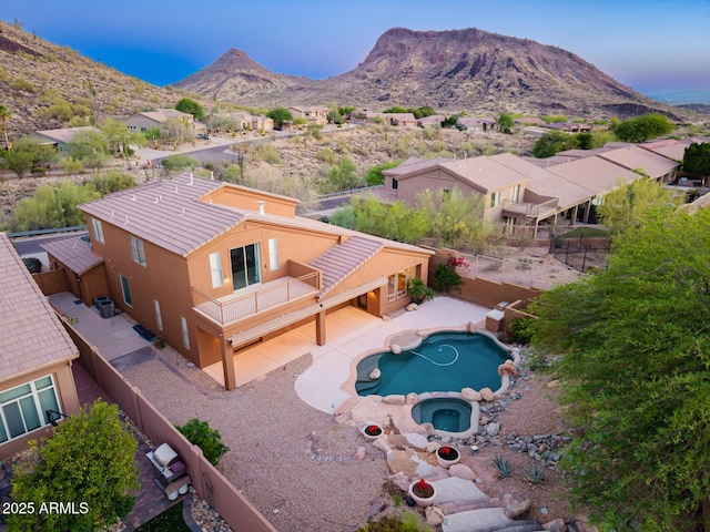 14056 E Desert Cove Ave, Scottsdale, AZ 85259 - view of pool with a mountain view, a fenced backyard, and a pool with connected hot tub