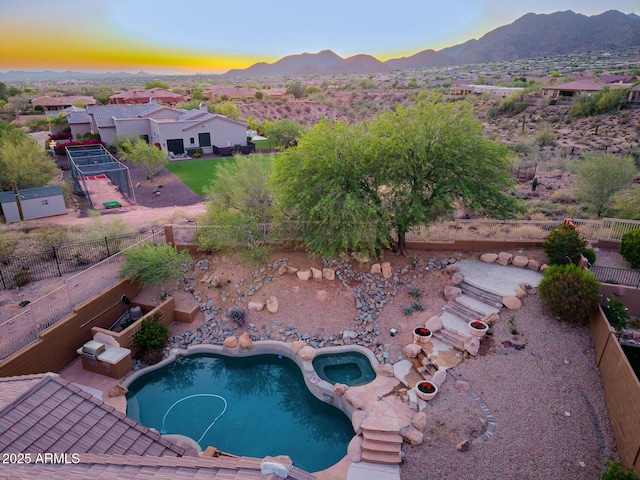 14056 E Desert Cove Ave, Scottsdale, AZ 85259 - view of pool featuring a mountain view, an in-ground hot tub, and a fenced backyard