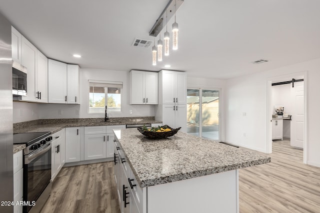 kitchen with sink, white cabinetry, a center island, stainless steel appliances, and a barn door