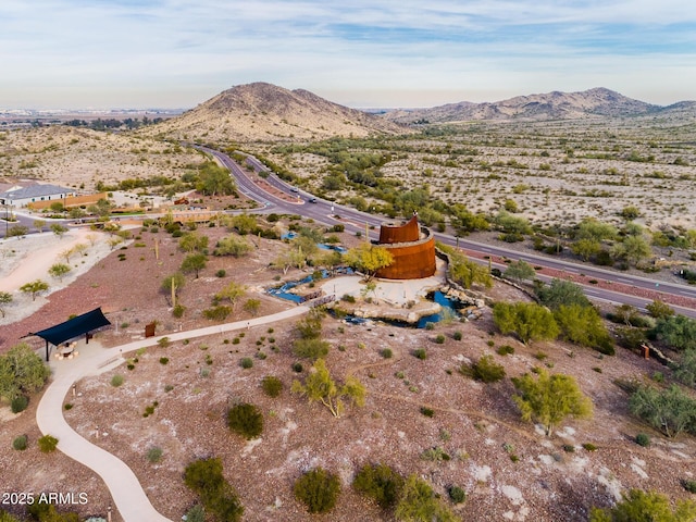 drone / aerial view featuring a mountain view