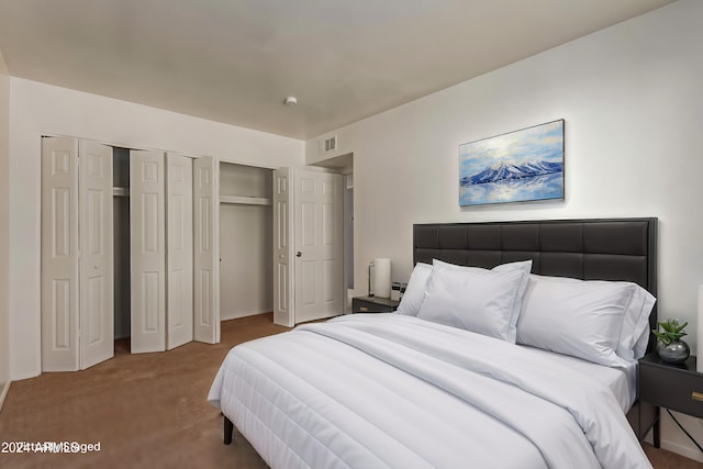 bedroom featuring multiple closets and carpet floors