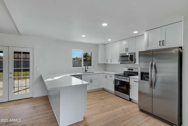 kitchen with sink, appliances with stainless steel finishes, kitchen peninsula, white cabinets, and french doors