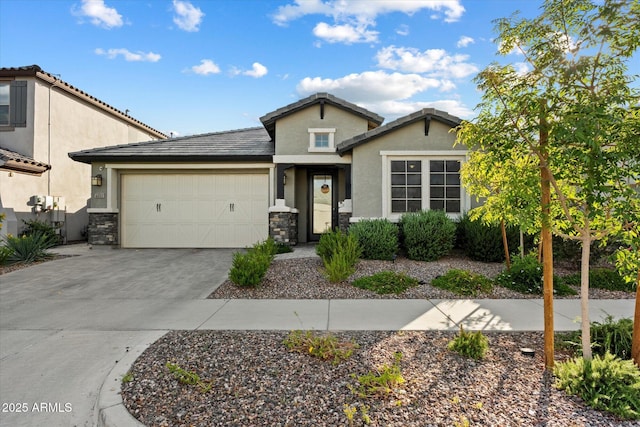 view of front of property with a garage, stucco siding, driveway, and stone siding